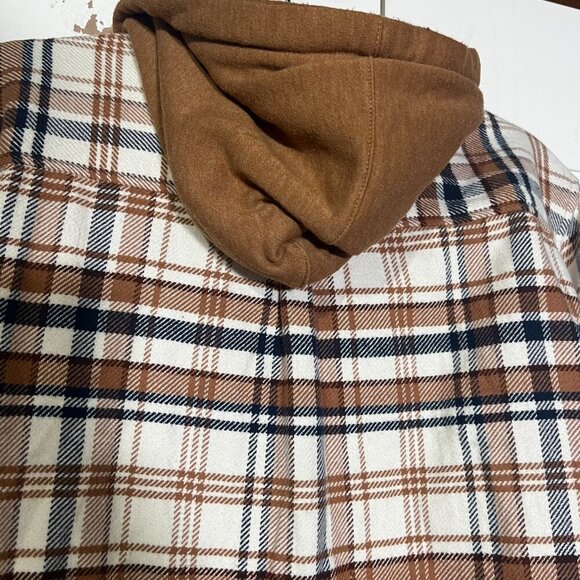 American Eagle Hooded Flannel Plaid Brown Cream Navy Fall Size XL Cozy Boyfriend - Picture 7 of 10